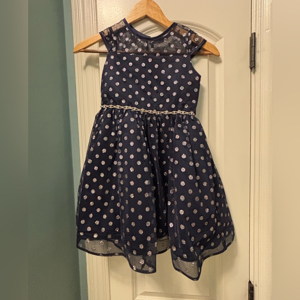 Rare Editions Girls Navy Shimmer Polka Dot Party Dress – Size 6X WORN ONCE